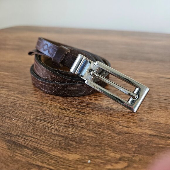 Silpada Designs Canada Thin Skinny Leather Brown Tooled Stamped Silver Belt L - Picture 2 of 9